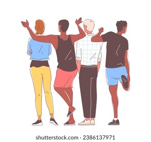 Friends from behind concept. Back view to men and women. Positive and optimism. Celebration and holiday. Young guys and girls. Cartoon flat vector illustration isolated on white background
