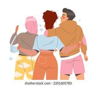 Friends from Behind Hugging and Standing Together Vector Illustration