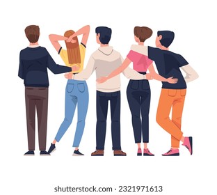 Friends from Behind Hugging and Standing Together Vector Illustration