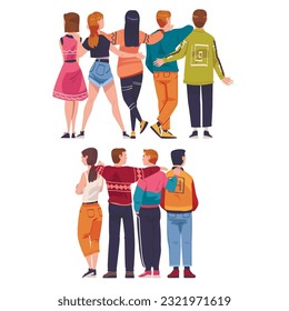 Friends from Behind Hugging and Standing Together Vector Set