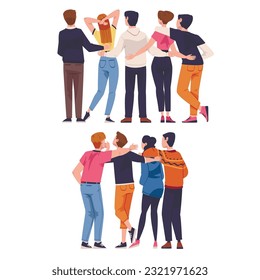 Friends from Behind Hugging and Standing Together Vector Set