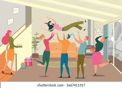 Friends Birthday Celebration Flat Illustration. Woman Holding Anniversary Cake with Candles. Cartoon Characters in Party Hats. People Greeting Bday Girl. Festive Event Vector Composition