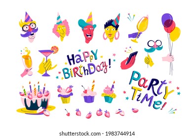 Friends at a birthday party set. Vector illustration flat print style happy birthday party concept. Happy Birthday and Party Time lettering