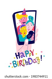 Friends at a birthday party take a selfie. Vector illustration flat print style happy birthday party concept. Happy Birthday lettering