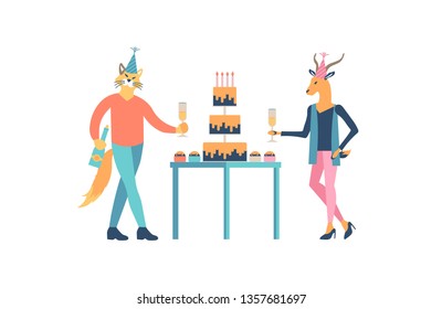 Friends at Birthday party vector illustration. Anniversary, holiday celebration isolated clipart. Humanized animals drinking champagne and eating B-day cake. Holiday, event celebration concept