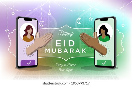 Amigos bendiciendo a eid mubarak entre ellos usando videollamadas de teléfonos celulares. comunicación en línea durante la pandemia covid-19