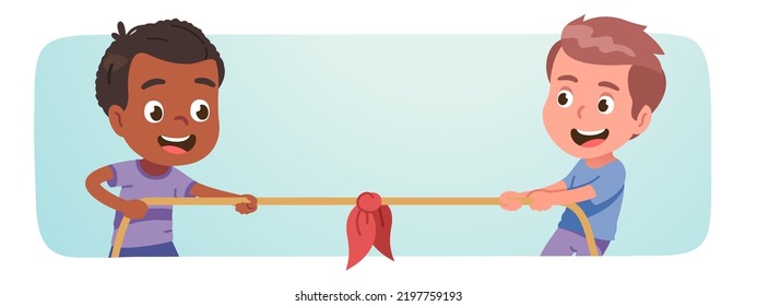 Friends boys children playing tug of war game. Happy Caucasian, African American kids persons competing pulling rope. Leisure entertainment fun, sports activity, rivalry flat vector illustration