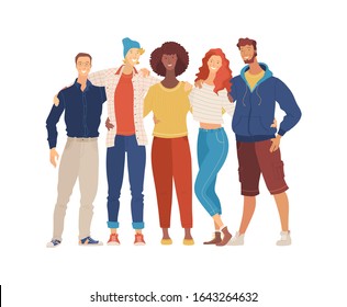 Friends, boys and girls flat vector illustration. Positive, friendship, relationship. Smiling young people group, embracing men and women cartoon characters isolated on white background