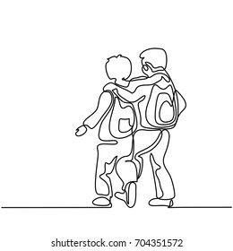 Friends boys going back to school with bags. Continuous line drawing. Vector illustration on white background