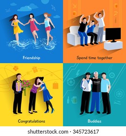 Friends buddies special events celebration and tv watching 4 flat icons square composition abstract isolated vector illustration