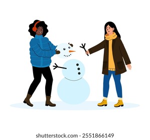 Friends building a snowman together in a winter wonderland setting