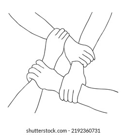 Friends or business partners joined hands together. teamwork, collaboration or friendship. template can be used for advertising, logo, web page. line style icon. isolated vector illustration.
