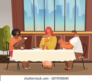 Friends or business partners are sitting in cafe or restaurant at a table eating and drinking, have dinner. Cheerful company of people man and women in the club having fun, talking, communicating