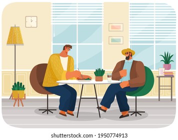 Friends or business partners sitting in cafe or restaurant at table eating and drinking, have dinner