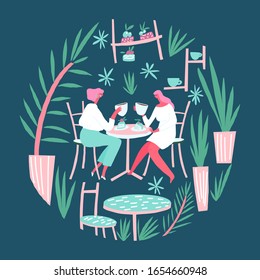 Friends in a cafe for a cup of coffee. Vector templates with cute women for card, poster, flyer and other users