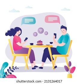 Los amigos en los cafés no comen y hablan, sino que usan smartphones. adicción digital. Amar a la pareja con aparatos. Personajes hombres y mujeres usan teléfonos celulares. adicción a los medios sociales y cibernéticos. Ilustración del vector