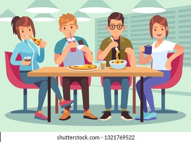 Friends cafe. Friendly people eat drink lunch table fun seating friendship young guys meeting restaurant bar flat vector illustration