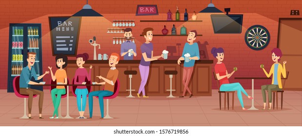 Friends cafe interior. People meeting in restaurant bar for dinner drinking eating and joking group of best friends vector cartoon