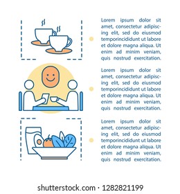Friends cafe meeting article page vector template. Informal talk. Mealtime. Lunch. Coffee, dinner break. Brochure, magazine, booklet design with text boxes. Print design. Concept linear illustrations