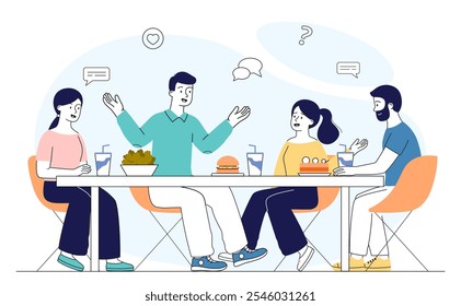 Amigos no café. Homens e mulheres com hambúrguer e salada. Pessoas com fast-food e comida grátis. Conversa e comunicação. Ilustração de vetor linear isolada no plano de fundo branco