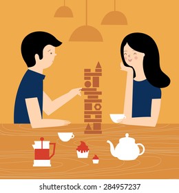 Friends in cafe playing board games. Vector illustration