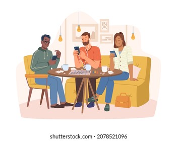 Friends in cafe sitting by table and using gadgets, smartphone addiction. Vector communication in modern life, teenagers looking at screens avoiding talking. Restaurant lunch dinner, social connection