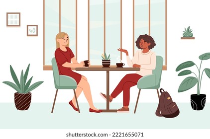 Amigos en el café. Dos mujeres se sientan en mesas con bebidas calientes en las manos. Descanse después del trabajo o estudie en un café o restaurante. Ocio y pasatiempo, afiche o pancarta. Dibujo vectorial plano de dibujos animados