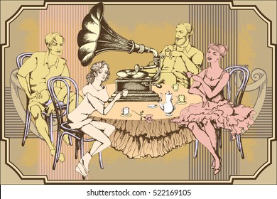 Friends in cafe. Vector Illustration. 