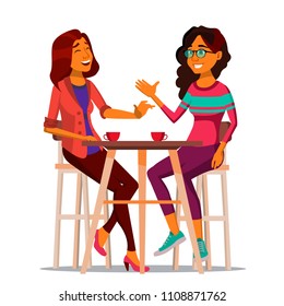 Friends In Cafe Vector. Two Woman. Drinking Coffee. Bistro, Cafeteria. Coffee Break Concept. Lifestyle. Have Fun. Communication Breakfast. Isolated Flat Cartoon Illustration
