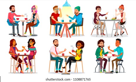 Friends In Cafeteria, Cafe Vector. Man, Woman, Boyfriend, Girlfriend Chatting. Sitting Together And Drinking Coffee. Bistro. Restaurant. Communication Breakfast Concept. Isolated Cartoon Illustration