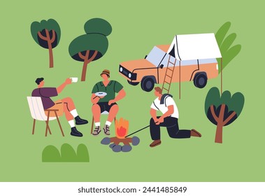 Amigos acampando. Campistas en el fuego, relajándose en la hoguera en la naturaleza. Hombres turistas sentados en la fogata al aire libre, hablando, descansando en el camping en vacaciones de verano, vacaciones. Ilustración vectorial plana