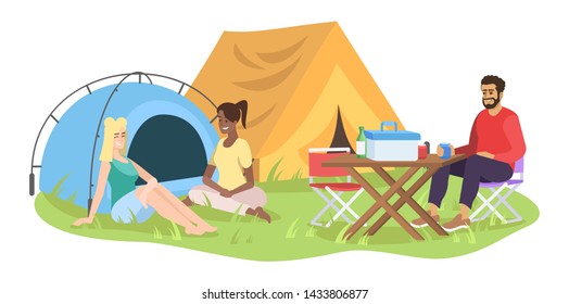 Friends camping outdoors flat vector illustration. Cheerful man and women cartoon characters. Young friends, students on picnic, holiday season. Summer outdoor recreation isolated on white background