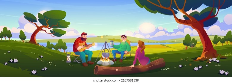 Friends camping, people relax in forest camp playing guitar and drink tea at fire. Men and woman tourists summer leisure, vacation hiking or traveling touristic activity, Cartoon vector illustration