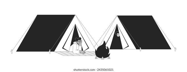 Friends in camping tents bonfire black and white 2D line cartoon characters. Diverse woman man relaxing campsite campfire isolated vector outline people. Camp fire monochromatic flat spot illustration