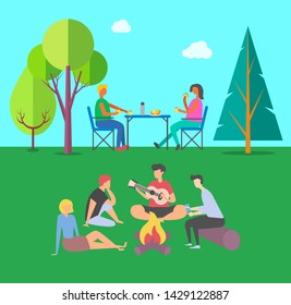 Friends camping vector, couple eating sitting by table, youth playing guitar by bonfire and singing songs, young friends on nature, greenery and trees