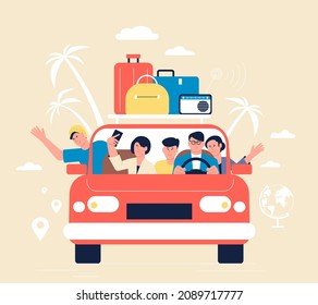 Friends car trip. Summertime travel, individual tour with friend. Summer vacation, people drive auto and doing selfie. Happy journey recent vector scene