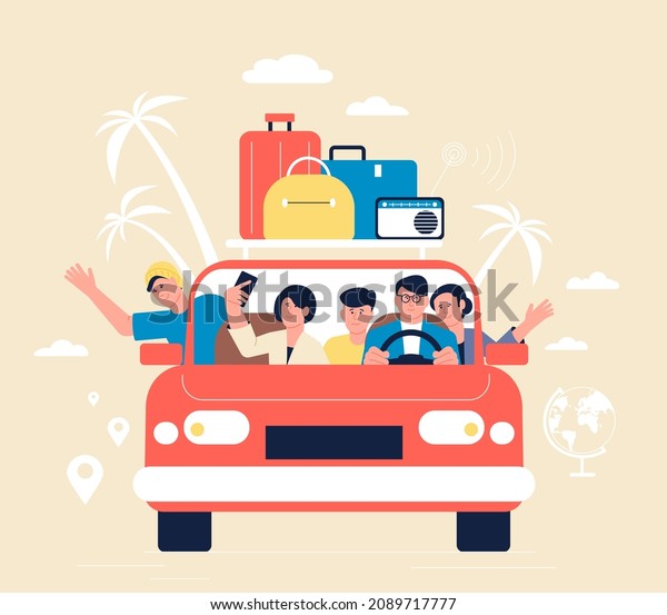 Friends car trip. Summertime travel,\
individual tour with friend. Summer vacation, people drive auto and\
doing selfie. Happy journey recent vector\
scene