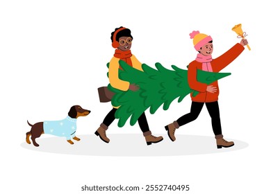 Friends carry a Christmas tree while walking with a dog in winter attire