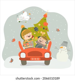  Friends carrying a Christmas tree and presents. Two girls are going to a New Year's party. Vector illustration on white background in cartoon style. Hand drawing. For print, web design.