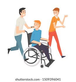 Friends Carrying Man Sitting in Wheelchair, Men Supporting Their Friend, Friendship and Support, Handicapped Person Enjoying Full Life Vector Illustration