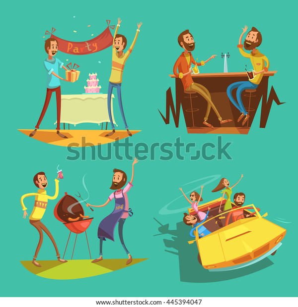 Friends cartoon\
set with celebration and pastimes symbols on green background\
isolated vector illustration\
