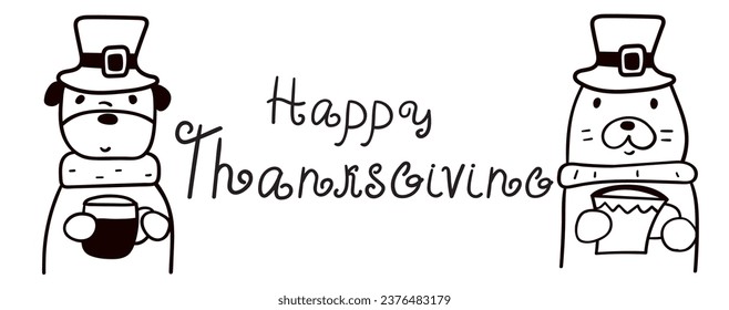 Friends cat and dog. Happy Thanksgiving. Vector outline design. Illustration on white background.