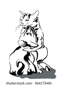 Friends of cat and dog. Cat hugging puppy