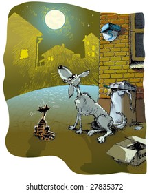 Friends a cat and a dog looking at the moon in a city near the rubbish bin at night