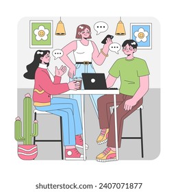 Friends catching up in a cozy cafe setting. Animated discussions, coffee sips, and shared laughter amid modern decor elements. Capturing candid moments. Flat vector illustration