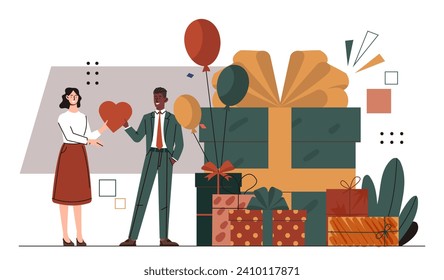 Friends celebrate birthday. Man and woman near gift boxes and colorful air balloons. Presents and surprises. Annual event, holiday and festival, party. Cartoon flat vector illustration