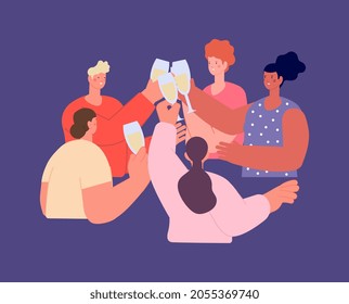 Friends celebrate. Cheers, people drink champagne. New year party, birthday celebration. Guys drinking together in bar or restaurant vector concept