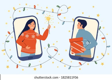 Friends Celebrate Christmas And New Year Online Using Mobile Phones. Christmas New Normal Concept With Man And Woman. Party Online, Video Call. Vector Illustration.