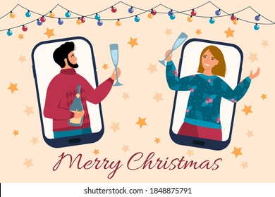 Friends celebrate Christmas and New Year online using mobile phones. Christmas new normal concept with man and woman. Party online, video call. Vector illustration.