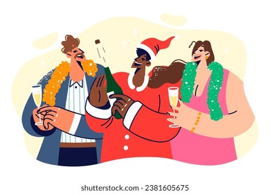 Friends celebrate christmas together and drink champagne, rejoicing in new year and december holidays. People with tinsel or santa hat open bottle of sparkling wine on eve of christmas night